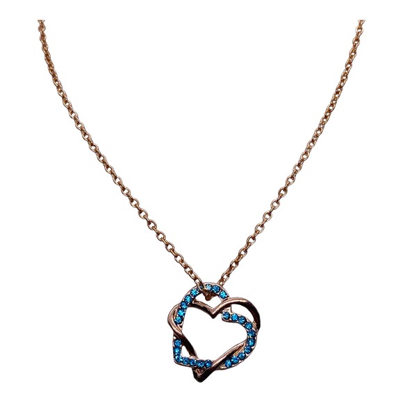 Imitation Yellow Gold BLUE TOPAZ Rhinestone Double Heart Pendant Necklace - Picture 5 of 6